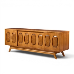  Young Manufacturing Company Young Manufacturing Mid Century Walnut Burlwood Sliding Door Credenza and Hutch - 4700263