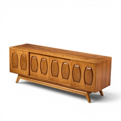  Young Manufacturing Company Young Manufacturing Mid Century Walnut Burlwood Sliding Door Credenza and Hutch - 4700271