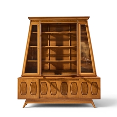  Young Manufacturing Company Young Manufacturing Mid Century Walnut Burlwood Sliding Door Credenza and Hutch - 4700272
