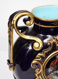  mile Gall Rare Pair of Emile Galle Cobalt Blue Porcelain and Limoges Enamel Portrait Vases - 4181913
