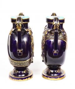 mile Gall Rare Pair of Emile Galle Cobalt Blue Porcelain and Limoges Enamel Portrait Vases - 4181916