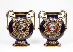  mile Gall Rare Pair of Emile Galle Cobalt Blue Porcelain and Limoges Enamel Portrait Vases - 4181919
