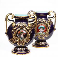  mile Gall Rare Pair of Emile Galle Cobalt Blue Porcelain and Limoges Enamel Portrait Vases - 4181924