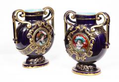  mile Gall Rare Pair of Emile Galle Cobalt Blue Porcelain and Limoges Enamel Portrait Vases - 4181926