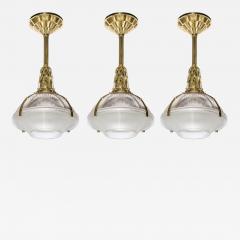  mile Jacques Ruhlmann Set of 3 Art Deco Bronze Prismatic Glass Holophane Pendants by E J Ruhlmann - 2144760