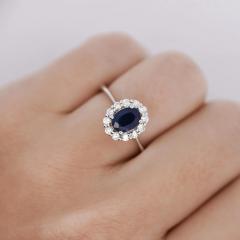 1 14 Carat Oval Deep Blue Sapphire Round Diamond 18K White Gold Statement Ring - 3896520