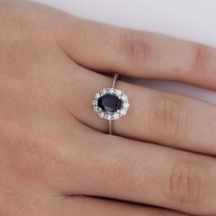 1 14 Carat Oval Deep Blue Sapphire Round Diamond 18K White Gold Statement Ring - 3896521