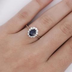 1 14 Carat Oval Deep Blue Sapphire Round Diamond 18K White Gold Statement Ring - 3896523