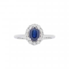 1 14 Carat Oval Deep Blue Sapphire Round Diamond 18K White Gold Statement Ring - 3900405