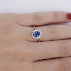 1 30 Carat Oval Deep Blue Sapphire Round Diamond 18K White Gold Ring - 3896522