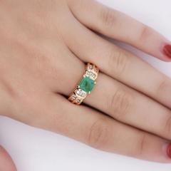 1 47 Carat Emerald With Round and Baguette Cut Diamond 14K Gold Statement Ring - 3896623