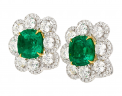 10 Carat Colombian Emerald GRS Certified Cushion Cut Minor Oil Diamond Earrings - 3642174