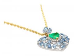 10 Carat Heart Shape Colombian Emerald Aquamarine and Diamond 18K Necklace - 3512953