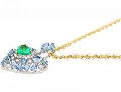10 Carat Heart Shape Colombian Emerald Aquamarine and Diamond 18K Necklace - 3512956