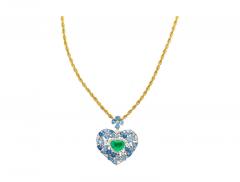 10 Carat Heart Shape Colombian Emerald Aquamarine and Diamond 18K Necklace - 3512966