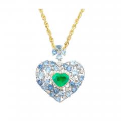 10 Carat Heart Shape Colombian Emerald Aquamarine and Diamond 18K Necklace - 3600732
