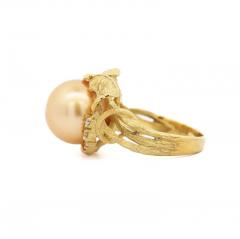 12 8mm Golden South Sea Pearl and Round Cut Diamonds Ring in 18k Yellow Gold - 3707392