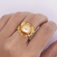 12 8mm Golden South Sea Pearl and Round Cut Diamonds Ring in 18k Yellow Gold - 3707397