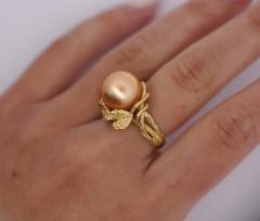 12 8mm Golden South Sea Pearl and Round Cut Diamonds Ring in 18k Yellow Gold - 3707446