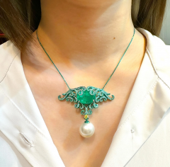 14 89 Carat Minor Oil Colombian Emerald Green Gold Enamel Art Nouveau Necklace - 3640909