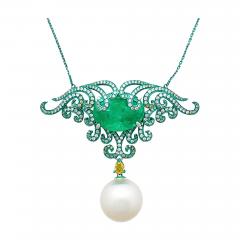 14 89 Carat Minor Oil Colombian Emerald Green Gold Enamel Art Nouveau Necklace - 3641750