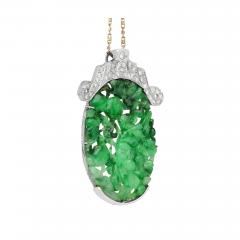 14 Karat White Gold Carved Grade A Jadeite Jade Pendant Necklace - 3782079