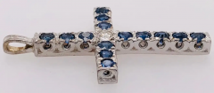 14 Karat White Gold Diamond and Blue Sapphire Cross Pendant - 2562656