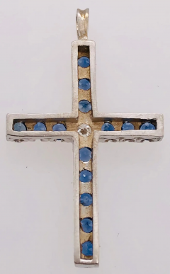 14 Karat White Gold Diamond and Blue Sapphire Cross Pendant - 2562686