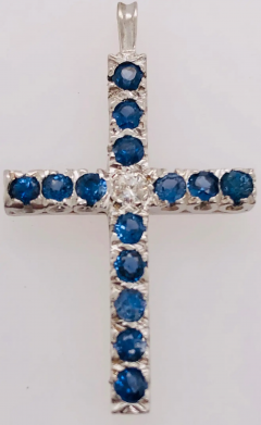 14 Karat White Gold Diamond and Blue Sapphire Cross Pendant - 2562690