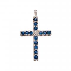 14 Karat White Gold Diamond and Blue Sapphire Cross Pendant - 2565088