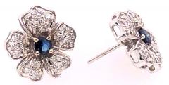 14 Karat White Gold Diamond and Sapphire Flower Stud Button Earrings - 1244208