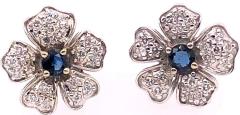 14 Karat White Gold Diamond and Sapphire Flower Stud Button Earrings - 1244216