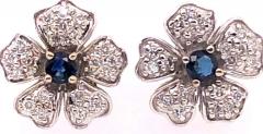 14 Karat White Gold Diamond and Sapphire Flower Stud Button Earrings - 1244217