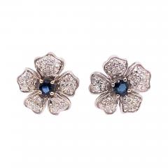 14 Karat White Gold Diamond and Sapphire Flower Stud Button Earrings - 1244249