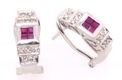 14 Karat White Gold French Back Half Hoop Ruby and Diamond Earrings - 1244260