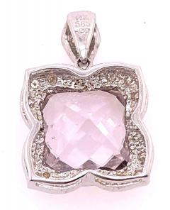 14 Karat White Gold Large Alex Cushion Cut Quartz Pendant with Diamond Accents - 2940517