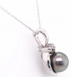 14 Karat White Gold Necklace with Cultured Pearl Diamond Pendant - 2827997