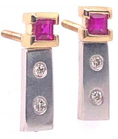 14 Karat White and Yellow Gold Screw Back Ruby Earrings with Diamonds - 2852532