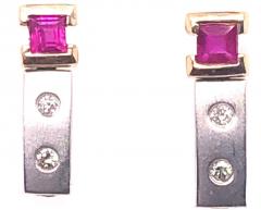 14 Karat White and Yellow Gold Screw Back Ruby Earrings with Diamonds - 2852534