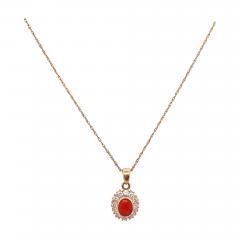 14 Karat Yellow Gold Necklace with Oval Coral and Round Zirconium Pendant - 2942390