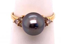 14 Karat Yellow Gold Ring Black Pearl Solitaire with Diamond Accents - 2737301