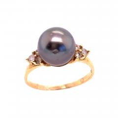 14 Karat Yellow Gold Ring Black Pearl Solitaire with Diamond Accents - 2740457