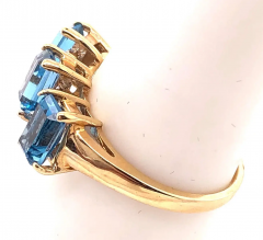 14 Karat Yellow Gold Ring Princess Cut Three Blue Topaz with Diamond Accents - 2553834