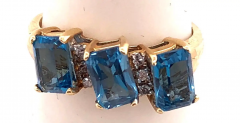 14 Karat Yellow Gold Ring Princess Cut Three Blue Topaz with Diamond Accents - 2553879