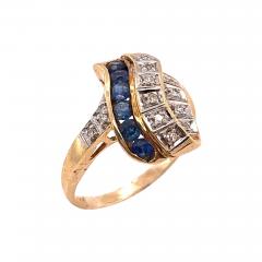 14 Karat Yellow and White Gold Blue Sapphire and Diamond Contemporary Ring - 2557749