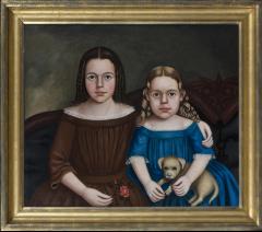Charming Double Folk Portrait of Sisters on Sofa with Puppy - 32616