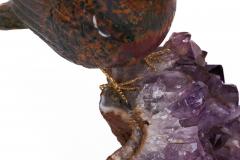 14K Gold Carved Jasper Bird on an Amethyst Rock Geode - 2592978