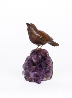 14K Gold Carved Jasper Bird on an Amethyst Rock Geode - 2592979