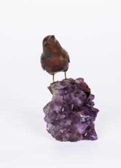 14K Gold Carved Jasper Bird on an Amethyst Rock Geode - 2592985