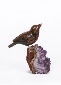 14K Gold Carved Jasper Bird on an Amethyst Rock Geode - 2592986